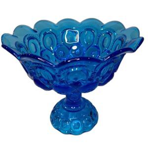 Vtg L E Smith Blue MOON & Stars Pedestal Fruit Bowl COMPOTE Glass Candy DISH